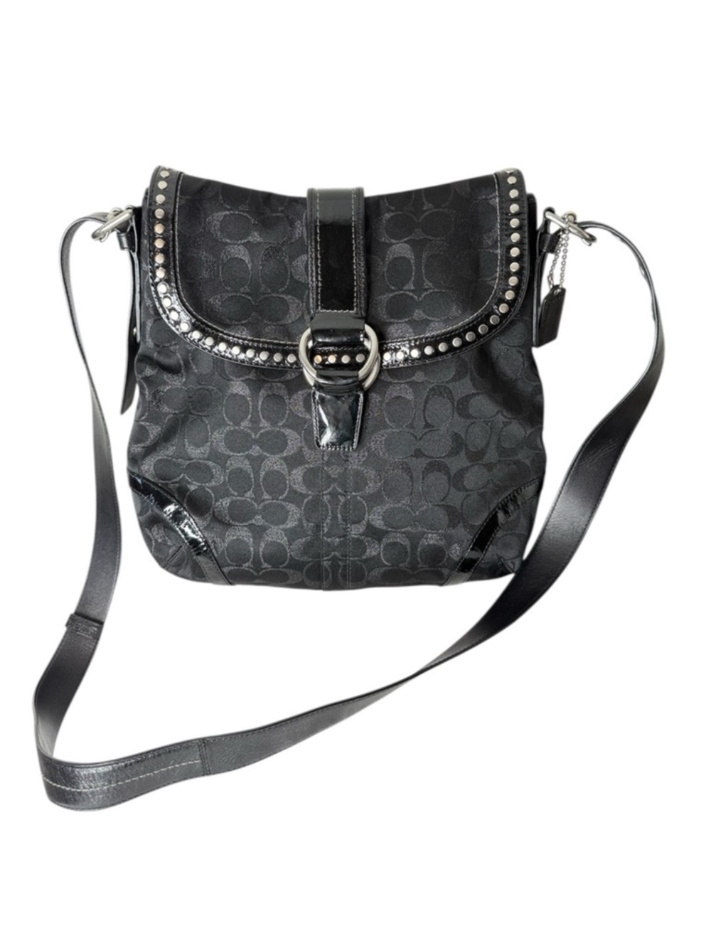 COACH Black Metallic Signature C Studded Flap Crossbody Bag Logo Monogram F12352